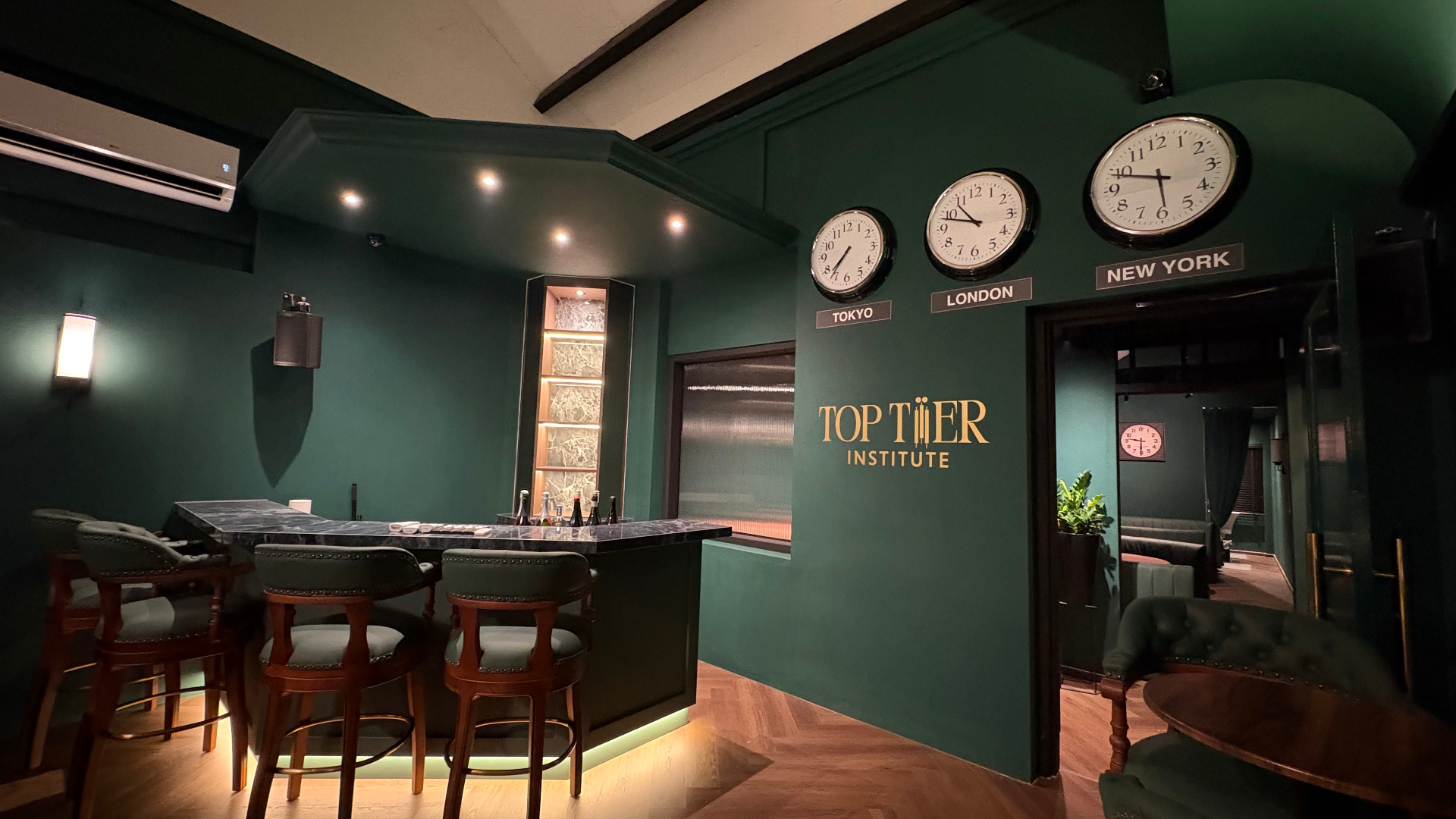 TopTier Institute bar with Tokyo, London, New York clocks